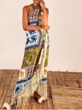 FARM Rio Multicolor Patchwork Halter Maxi Dress with Fringe